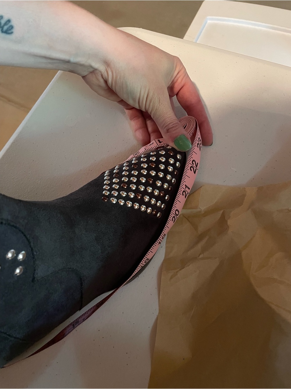 Studded Black Suede Knee-High Heeled Boots - Picture 10 of 12